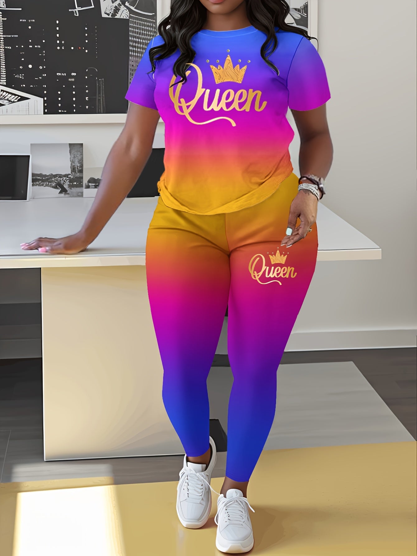 Casual Two-Piece Set with Crown and Queen Print, Short Sleeve Crew Neck T-Shirt and Leggings, Women's, Polyester Blend, Spring/Summer Collection